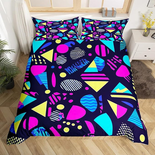 80s 90S Fashion Style Bedding Set Queen Size,Retro Memphis Style Pattern with Geometrical Shapes Duvet Cover for Kids Child,Funky Hipster Old Fashioned Comforter Cover Triangle Geometric Decor