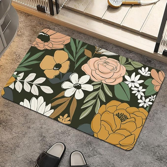 Bath Mat Rug,Vintage Large Floral Non Slip Quick Dry Super Absorbent Thin Bathroom Rugs Fit Under Door-Easy to Clean Bathroom Floor Mats-Shower Rug for Shower Sink Bathtub(20" x 31"in)