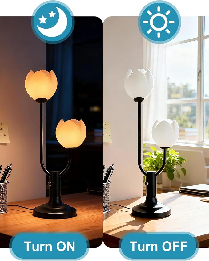Lightdot Black Flower Table Lamp for Bedroom, 2 Floral Heads 3000K Warmwhite Dimmable Bedside Lamps with Plug, Mid Century Modern Small Desk Lamp for Living Room Nightstands Home Office