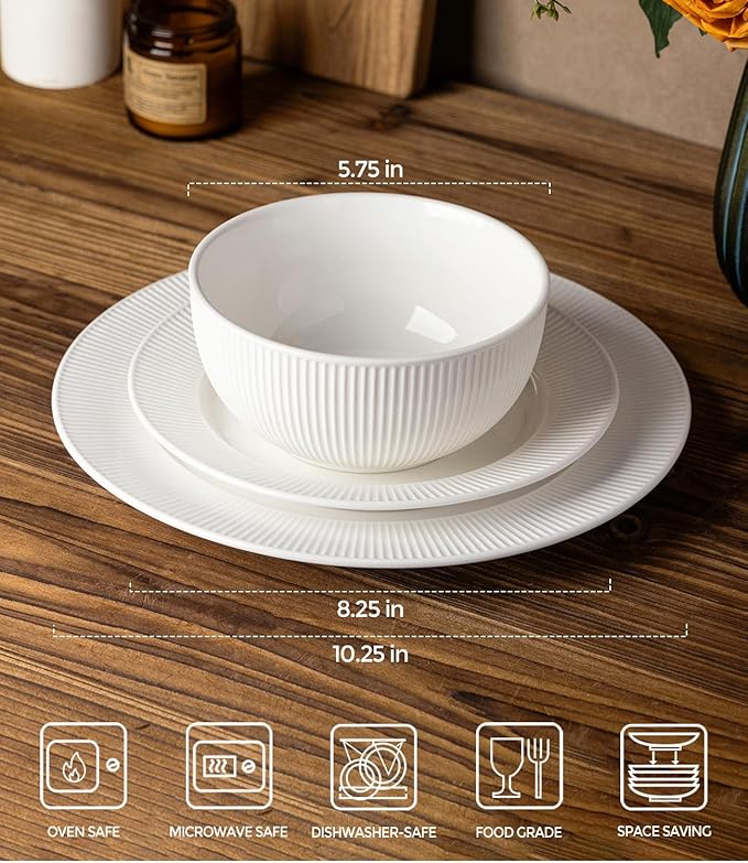 TheTerra Stoneware Dinnerware Sets for 4, 12 Pieces Ceramic Plates and Bowls Sets, Scratch Resistant Embossed Dish Set, Oven, Microwave & Dishwasher Safe, Bright White