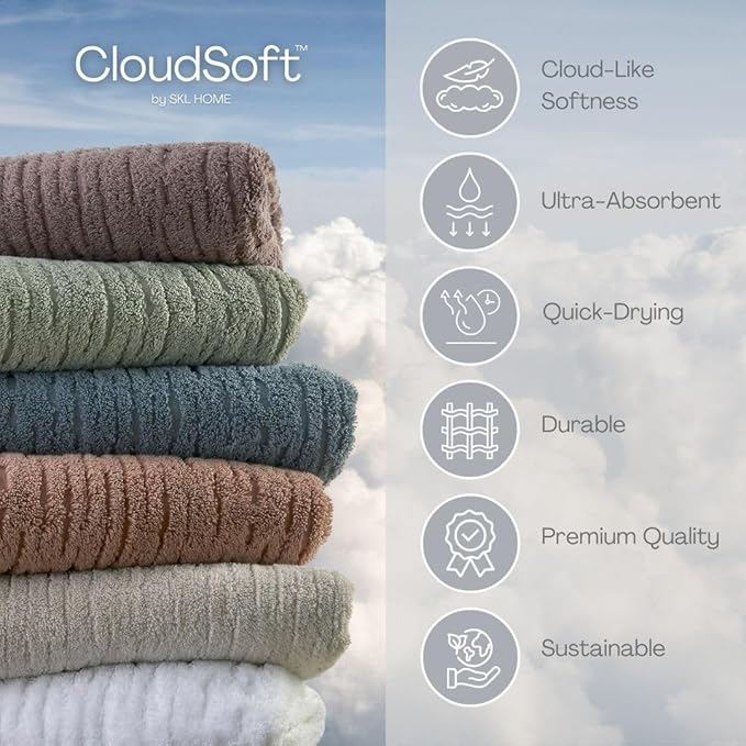 SKL Home CloudSoft 100% Cotton Luxury 6-Piece Towel Set, 600 GSM, Ultra Plush & Absorbent - 2 Bath Towels, 2 Hand Towels, 2 Washcloths, Clay