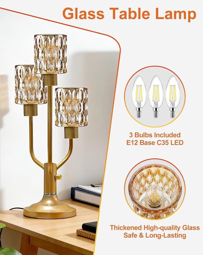 Lightdot Mid Century Modern Table Lamp for Bedroom Dimmable Nightstand Lamp Vintage Gold Desk Lamp Amber Glass 3 Bulbs Included Warmwhite Ambient Bedside Lamps for Living Room Home Office Decor Gift
