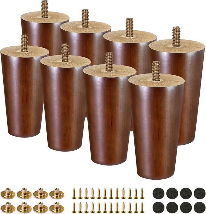 FoDau770 Brown Rubber Wood Furniture Legs 4 Inches, Straight Tapered Wood Feet Mid Century Sofa Legs Set of 8, 5/16" UNC Furniture Feet for Cabinet Couch Dresser Chair Ottoman Table