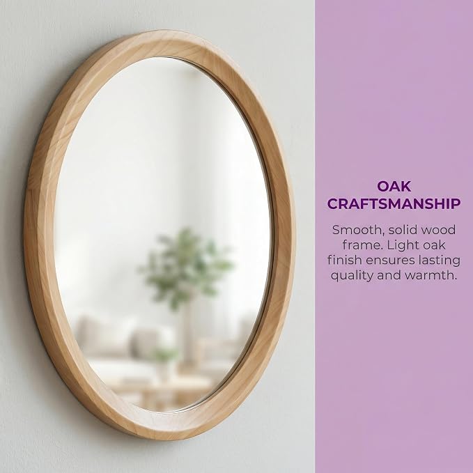 23.62'' Natural Wood Round Wall Mirror with Solid Wood Frame & Pre-Installed Hanging, Decorative Mirror with Large Reflective Surface for Bathroom Bedroom Living Room, Natural