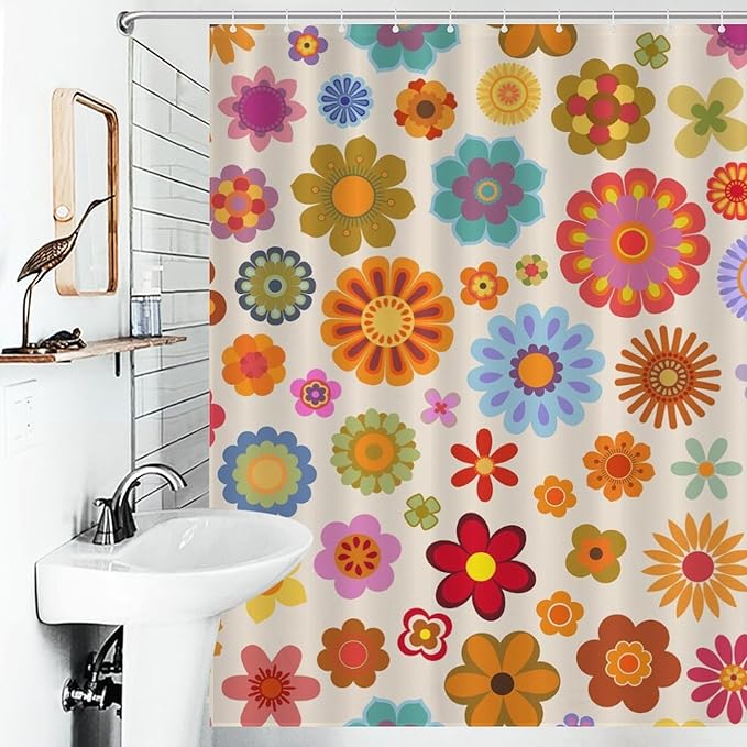 70s Shower Curtain, Vintage Retro Orange Daisy Floral Hippie Groovy Cute Flower Aesthetic Boho Funky Trippy Colorful Waterproof Fabric Bath Shower Curtain Set with Hooks, 72"x72" Inch