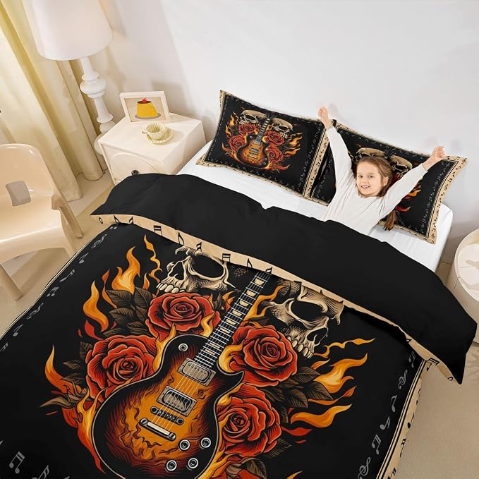 Erosebridal Guitar Rose Duvet Cover King for Teens Boys - Floral Gothic Skull Flame Bedding Set Punk Rock Roll Music Comforter Cover,Vintage Musical Notes Bed Set