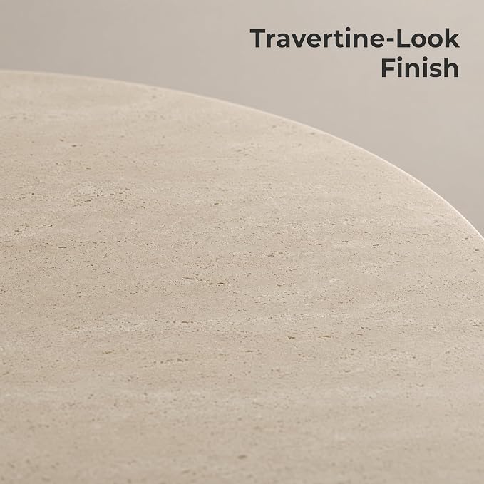 Honyee Oval Coffee Table 47 Inch for Living Room, Travertine-Look Center Table with Wood Base, Large Beige Oval Coffee Tables for Home Apartment Small Spaces
