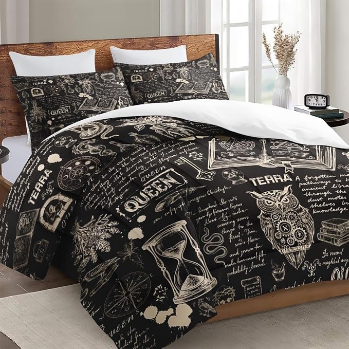 WeCozy King Size Comforter Set with 2 Pillowcases, Gothic Goth Bat Chemistry Science Dark Academia Medieval 3 Pcs Bedding for Adults Bedroom Bed Decor