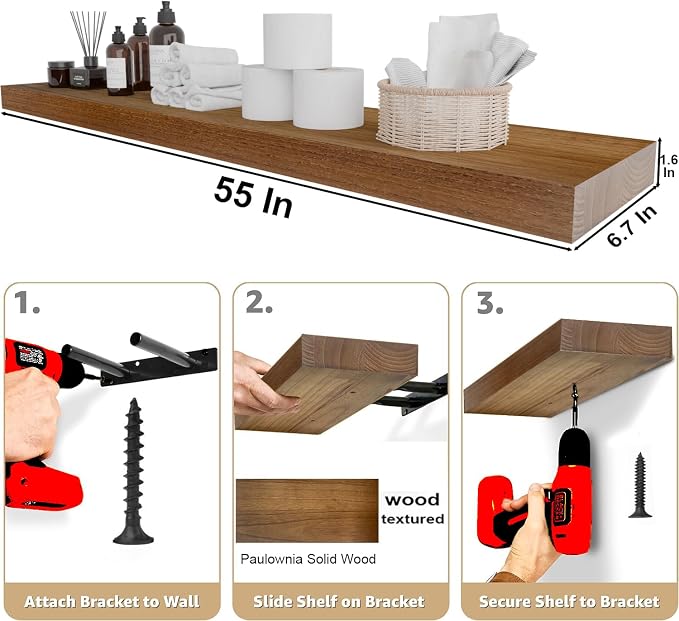 IAE Walnut Floating Wall Shelves 55 inch, Bathroom Shelves Wall Mounted,Invisible Shelves Floating Kitchen Shelves,Wooden Wall Shelves with Brackets for Living Room Wall Mounted,Easy Install,Set of 2