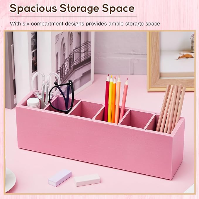 Jetec Wooden Pencil Pen Holder for Desk 6 Compartments Cosmetic Makeup Brush Stationery Office Desktop Organizers for Countertop Adjustable Silverware Caddy for Party, Art Supplies,Home(Pink)