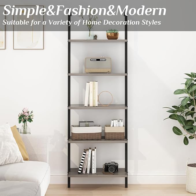Karl home Ladder Shelf 5 Tier Wall Mounted Bookcase with Metal Frame, Open Design Shelves for Living Room, Bedroom, Home, Gray (23.62" L x 11.81" W x 70.87" H)