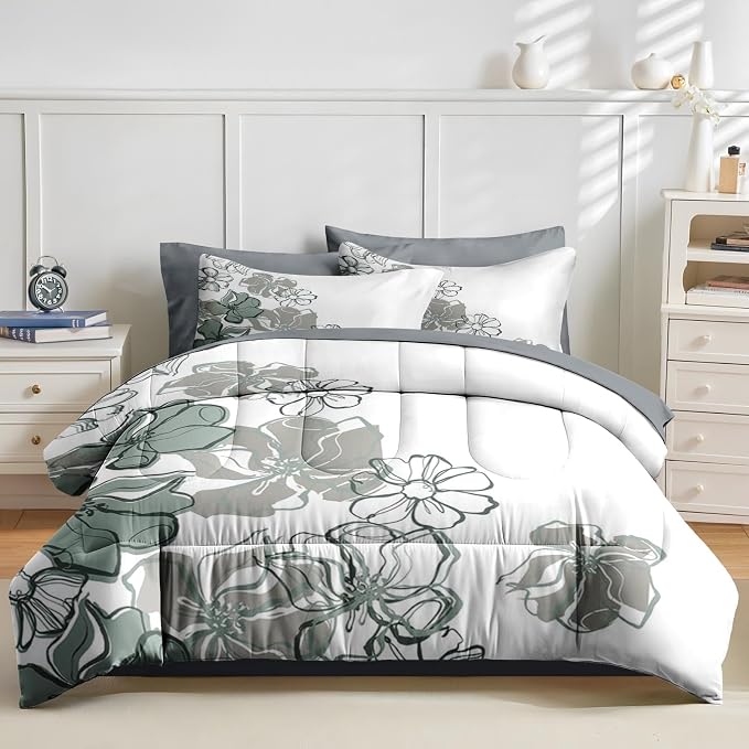 Nesker 7 Pcs Comforter Set King Size, Vintage Flowers Bedding Set for Kids and Adults, Farmhouse Floral Line Bed Sheet Sets with Fitted Sheet 2 Pillowcases & 2 Shams