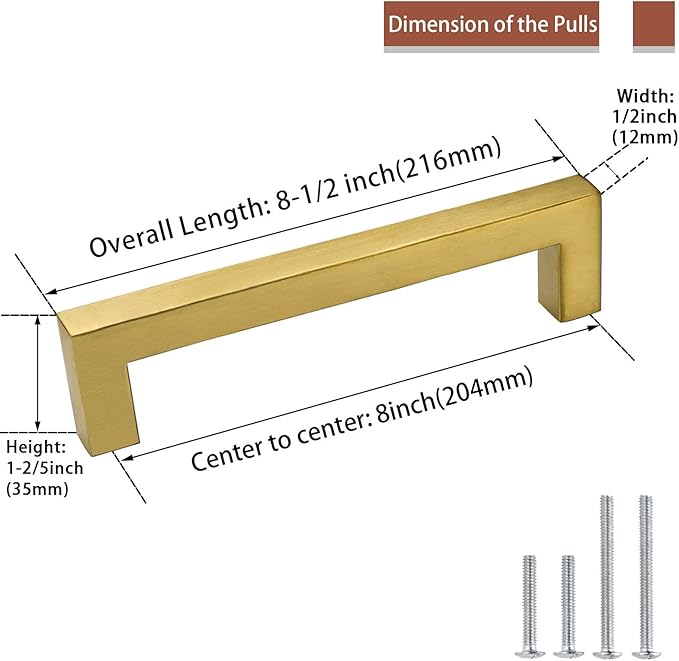 goldenwarm Brushed Brass Cabinet Pulls Brass Cabinet Hardware - LSJ12GD204 Kitchen Drawer Pulls 8 Dresser Drawer Handles 8in(204mm) Hole Spacing Furniture Hardware, 1 Pack