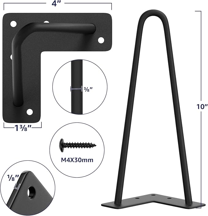 SMARTSTANDARD 10 Inch Heavy Duty Hairpin Furniture Legs, Metal Home DIY Projects for TV Stand, Sofa, Dresser with Rubber Floor Protectors Black 4PCS