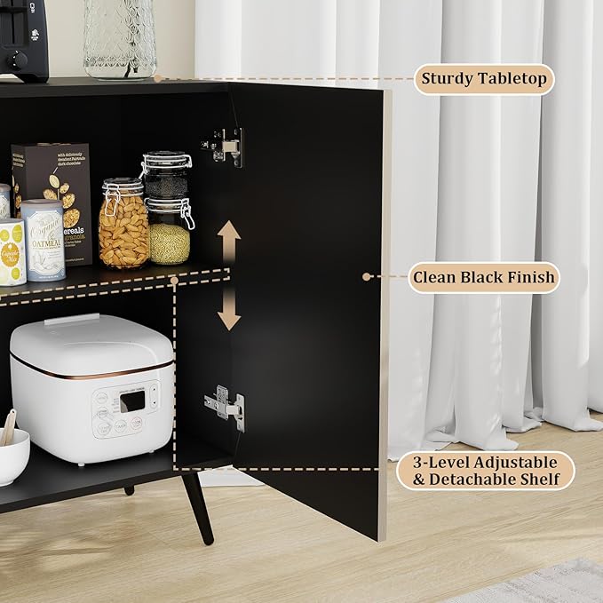 Sideboard Buffet Cabinet with Storage: 63" Black and Oak Credenza Storage Cabinet for Living Room, Mid Century Modern Console Table with 4 Doors, Fluted Long Accent Cabinets (Oak)