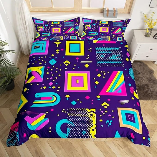 80s 90S Fashion Style Bedding Set Queen Size,Retro Memphis Style Pattern with Geometrical Shapes Duvet Cover for Kids Child,Funky Hipster Old Fashioned Comforter Cover Geometric Bedroom Decor