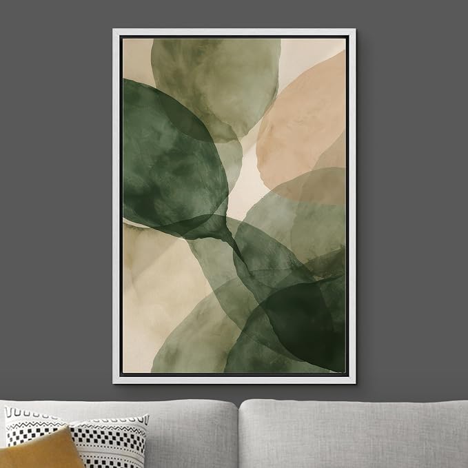 Woodrose Framed Canvas Print Wall Art Abstract Organic Shapes Soft Green and Beige Watercolor Illustrations Modern Art Minimalist 3D Colorful Ultra for Living Room, Bedroom, Office - 24"x36" WHITE