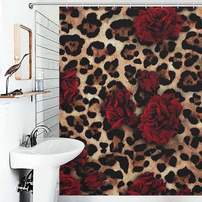 Leopard Rose Flower Shower Curtain Brown Wild Animal Skin Print Cute Red Rose Floral Valentine's Day Creative Modern Art Waterproof Shower Curtains for Bathroom Decor 12 Pack Hooks 72x72in (183x183cm)
