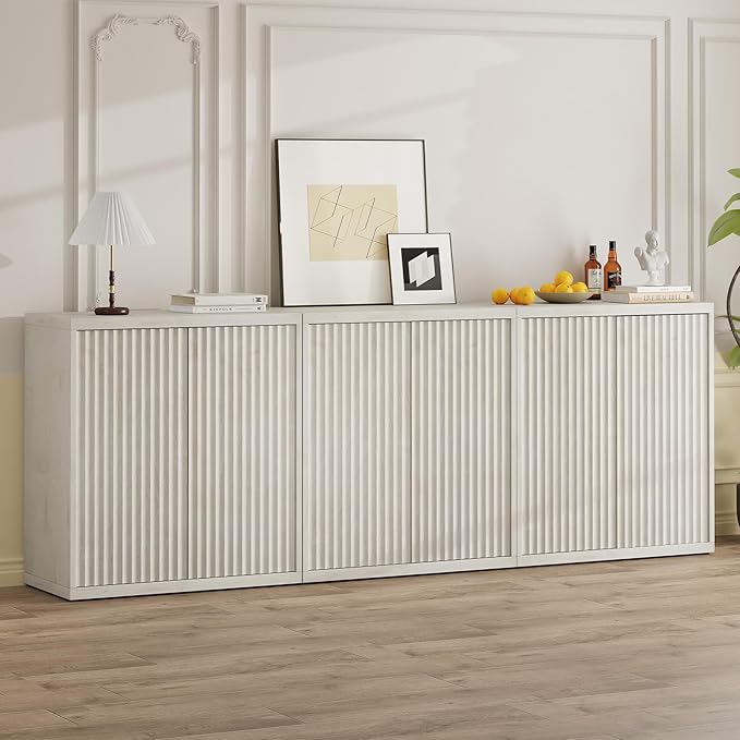 31” Sideboard Cabinet with Storage, Fluted Accent Cabinet with Adjustable Shelves, Modern Wood Credenza Cabinets with Pop-up Doors for Entryway Kitchen Living Room Hallway, White Oak 3pcs