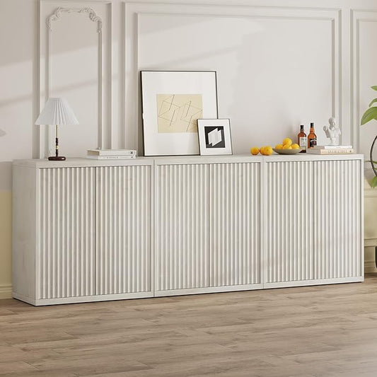 31” Sideboard Cabinet with Storage, Fluted Accent Cabinet with Adjustable Shelves, Modern Wood Credenza Cabinets with Pop-up Doors for Entryway Kitchen Living Room Hallway, White Oak 3pcs