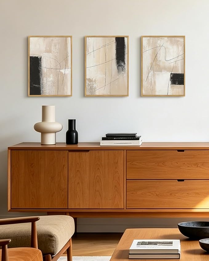 KUVIOKE Abstract Framed Wall Art Minimalist Beige Pastel Watercolor Neutral Wall Decor Modern Black Line Art Painting Home Decor 11x14in (Natural Framed)