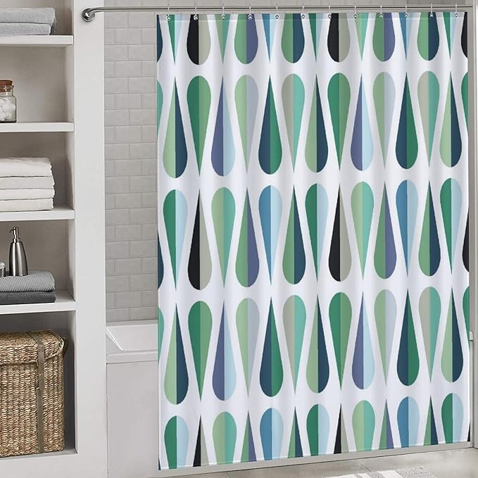 Mid Century Modern Shower Curtain,Retro Geometric Drop Shapes Art Style Shower Curtains Set for Bathroom Fabric Decorative Bath Curtain Washable Curtain Hooks, 72x72”