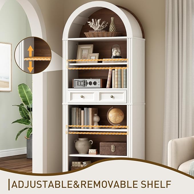 RALGEND Arched Bookshelf, 73" Tall Arch Bookcase with Drawer, 6-Tier Farmhouse Book Shelf, Wooden Bookshelf with Open Display Shelves for Living Room, Office, Adjustable Shelf, Walnut and White