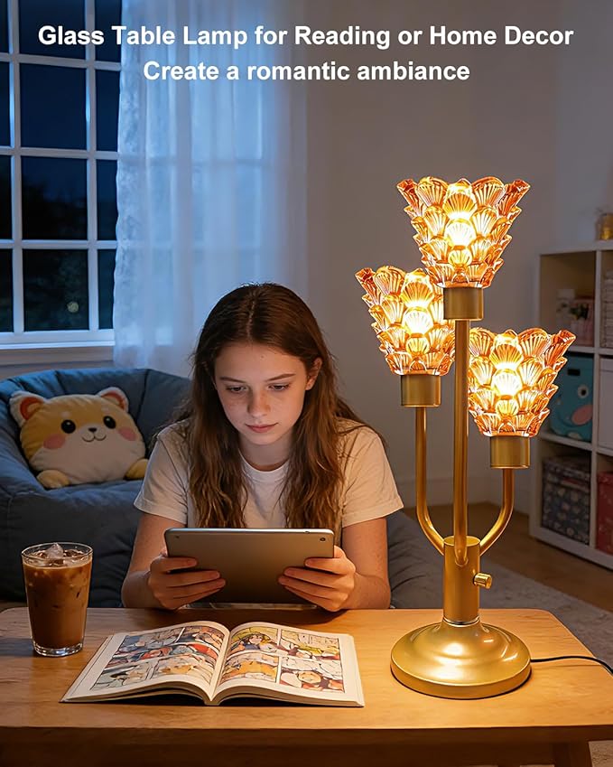 Lightdot Mid Century Modern Table Lamp for Living Room Dimmable Nightstand Lamp Vintage Gold Desk Lamp Amber Glass 3 Bulbs Included Warmwhite Ambient Bedside Lamps for Bedroom Home Office Decor Gift