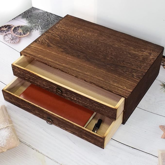 2-Drawer Wooden Desk Organizer Wood Desktop Storage Cabinet A4 File Cabinet Tabletop Storage Box Desk Drawer Organizer Paper Holder Carbonization for Home Office Workspace