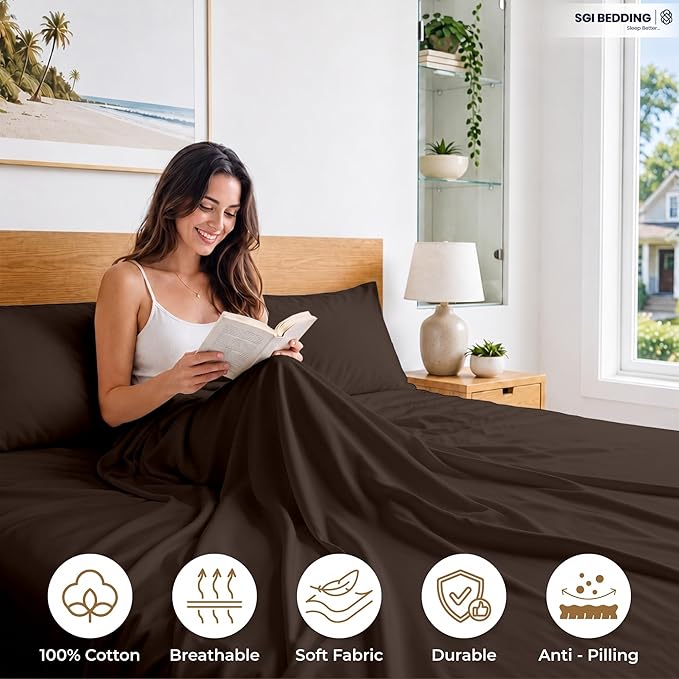 SGI bedding 100% Egyptian Cotton Sheets Twin XL Size – 600 Thread Count Sheets Set, Soft, Cooling, 15" Deep Pocket, Luxury Hotel Bedding, Breathable, Durable - Chocolate