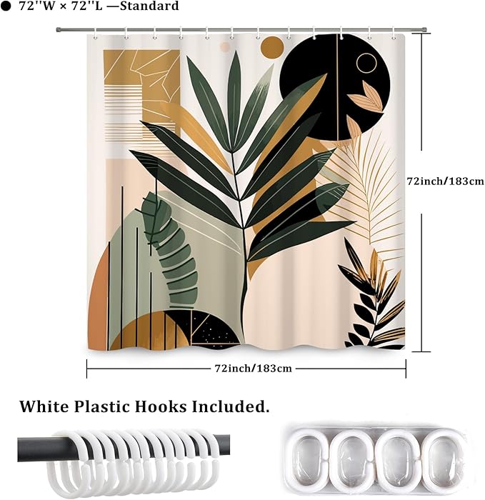 Boho Shower Curtain Mid Century Style Plant Leaves Bathroom Curtain Modern Abstract Graphic Waterproof Fabric Decor Shower Curtain with Hooks 72x72 Inch