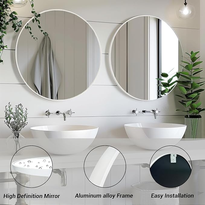Sunniry White Round Mirror 16 inch, White Circle Mirrors with Matte Metal Frame, Circle Mirrors for Bathroom, Bedroom, Living Room, Hallway.