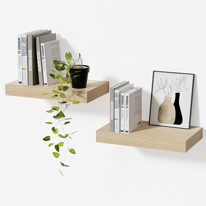 Bathroom Floating Shelves for Wall, Oak Small 11.8" Floating Shelf for Storage, Display and Farmhouse Rustic Home Decor, Perfect Over Toilet for Bedroom, Kitchen or Living Room, 2-Pack