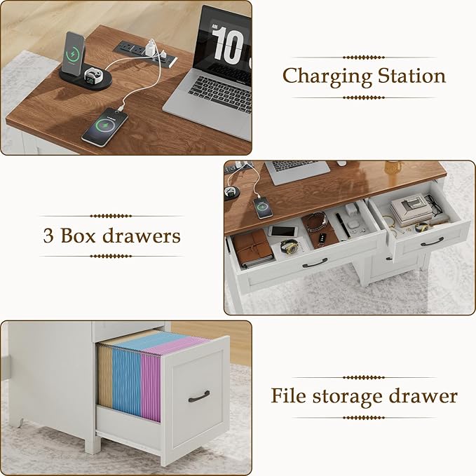 Vabches Farmhouse 47" Executive Desk, Computer Desk with File Drawer and Charging Station, Workstation for Home Office & Study（Off White