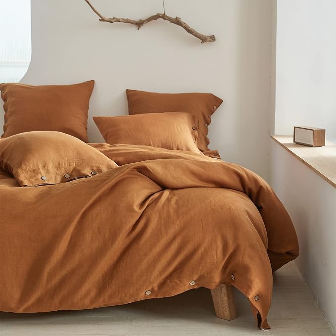 Simple&Opulence 100% Linen Duvet Cover Set 3pcs with Coconut Button Closure Natural French Washed Flax Solid Color Soft Breathable Farmhouse Bedding - Rust, King Size