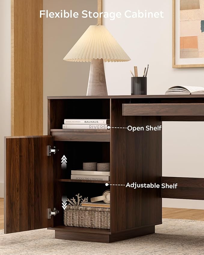 EYYTHUNG 59" Office Desk, Farmhouse Wide Home Executive Desk with File Drawer & Open Storage & Power Outlet, Wooden Computer Desk for Study Writing, Brown