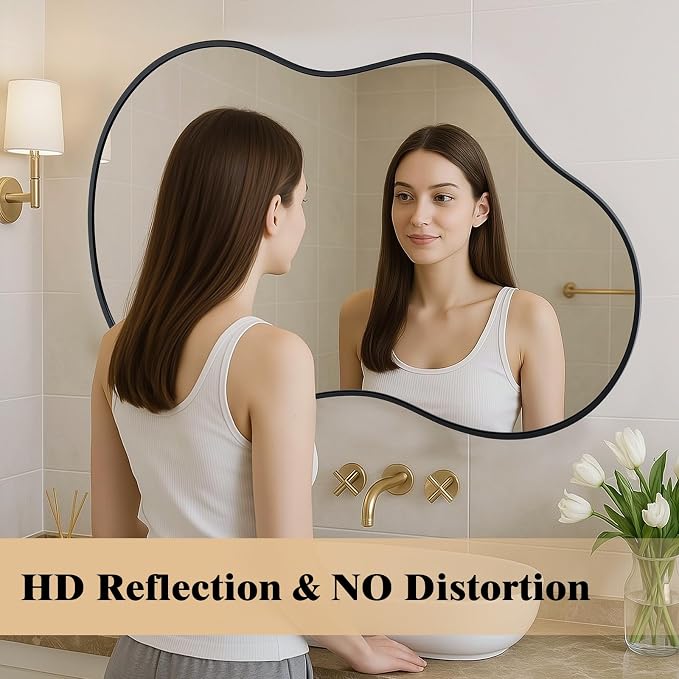 WEER Irregular Wall Mirror, 20x36 inch Black Asymmetrical Mirror Wall Mounted Mirrors Decorative, Abstract Wavy Aluminum Alloy Frame Bathroom Mirror, Bedroom, Living Room, Entryway