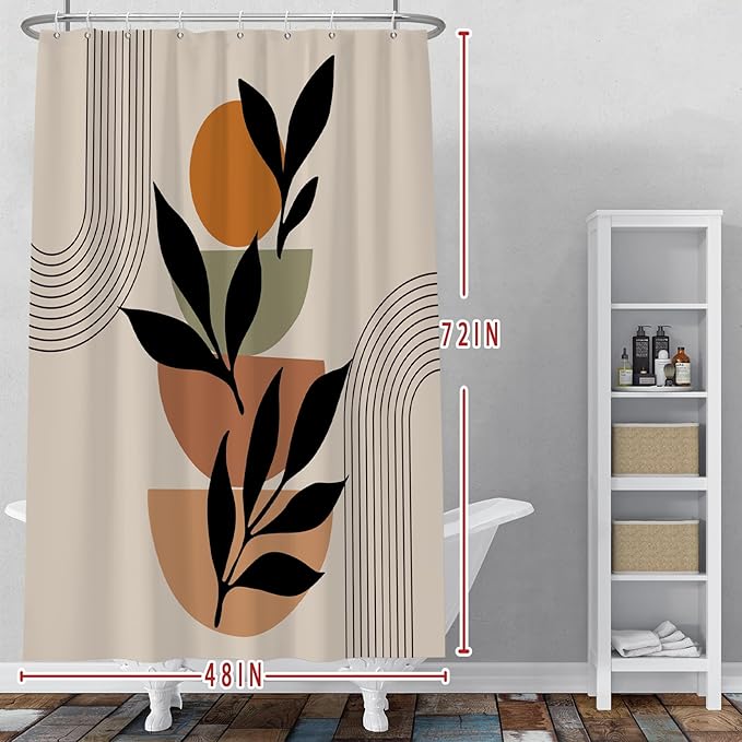 Baocicoo Boho Mid Century Shower Curtain Set Modern Minimalistic Leaves Shower Curtain for Bathroom Dormitory Bathtub Decor Durable Fabric Waterproof Curtain for Bathroom with Hooks 48x72 Inches