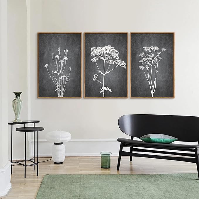 Tinonedraw Black and White Floral Framed Canvas Wall Art Set, Vintage Flower Wall Decor, Dark Academia Minimalist Botanical Art Paintings, Wildflower Art Print for Living Room Bedroom Office 16"x24"x3