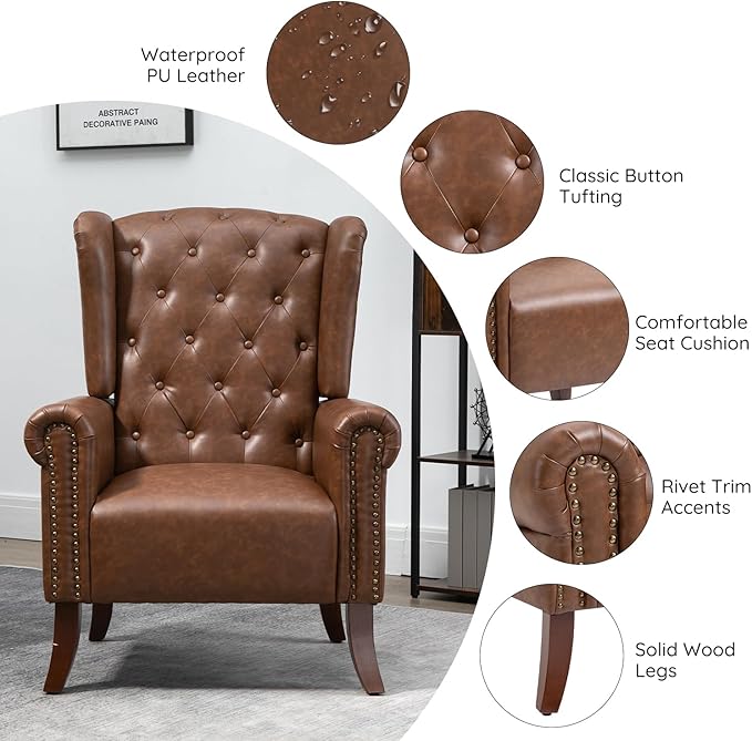 MOJAY Mid-Century Modern Living Room Chairs Set of 2, Upholstered Faux Leather Accent Chairs Club Arm Chair, Single Sofa Chair with Solid Wooden Legs for Bedroom Study Home Office Lounges (Brown)