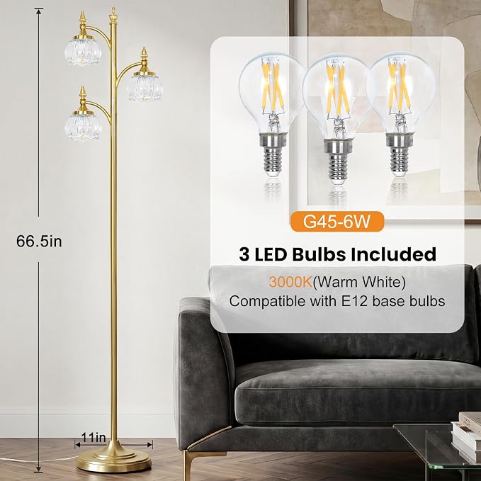 JUNNAI Floor Lamp Gold Glass Brass 66.5in Tall Standing Lamp for Living Room with 3 Brightness Lights Vintage Tree Flower Lamp for Bedroom Office(3LED Bulbs Included)