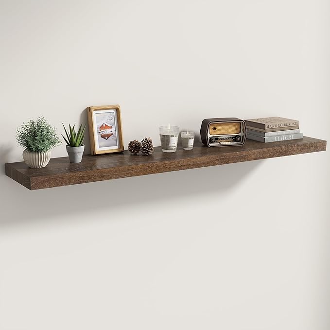Fun Memories Solid Elm Wood Floating Shelves Set of 1-48 Inch Rustic Wall Shelves with Heavy-Duty Invisible Brackets - for Living Room, Kitchen, Bedroom, Bathroom - Walnut Finish