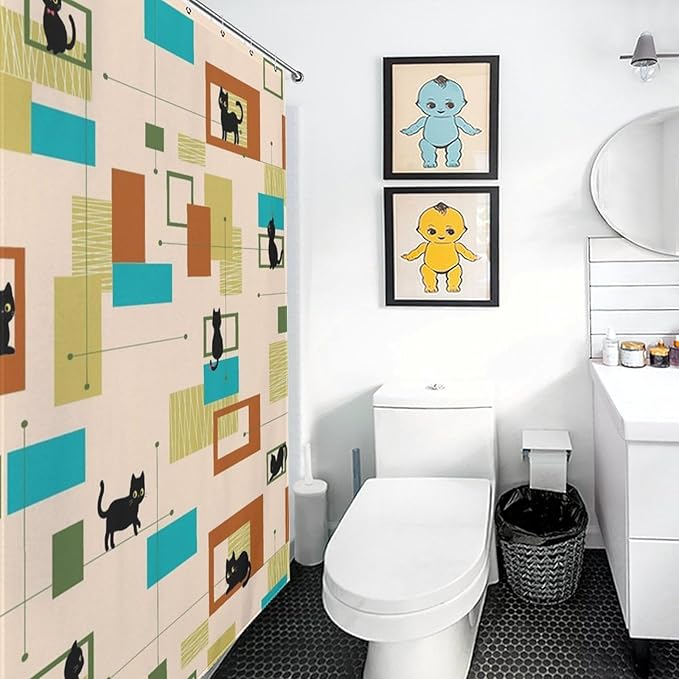 Mid Century Black Cat Shower Curtain,Vintage Abstract 60s Geometric Pattern Modern Decor Bathroom Curtain Polyester Waterproof Fabric 66x72in（168x183cm）