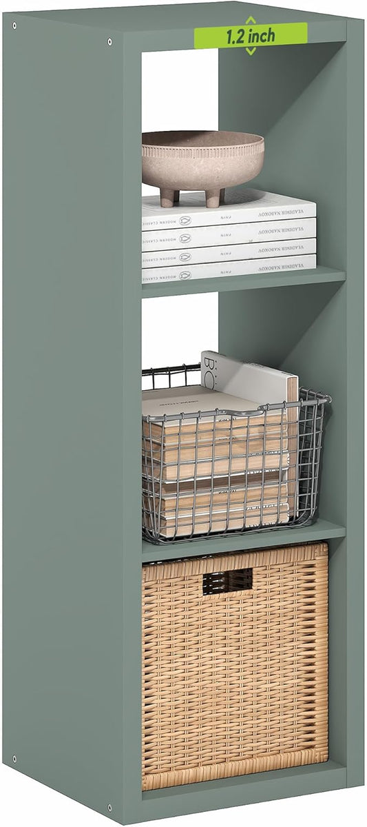 Furinno Cubicle Book Shelf, 3-Cube Bookshelf, Extra Thick Frame Horizontally & Vertically Reversible Bookcase with Open Back, 14.6" x 16" x 44", for Living Room, Bedroom, Home Office, Sage Green