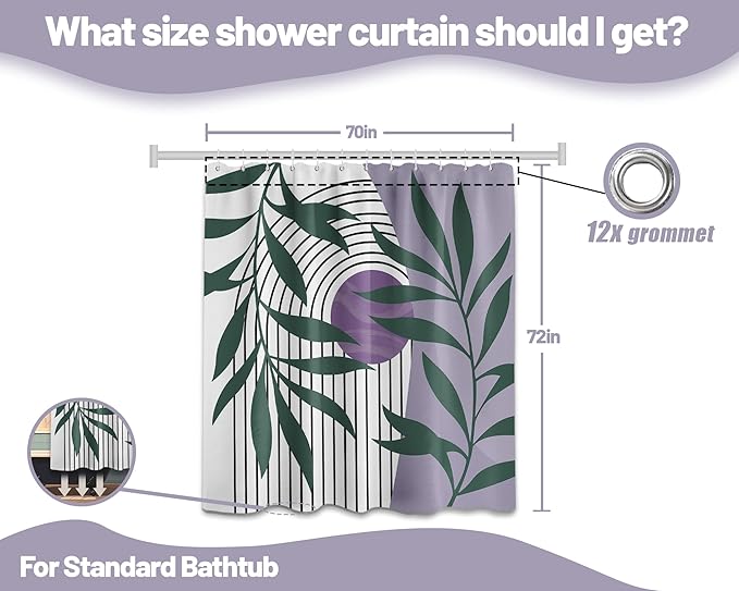 Boho Purple Shower Curtain Light Purple and Green Mid Century Modern Shower Curtains for Bathroom Decor Sets, Waterproof Fabric with Hooks, 70" W x 72" L