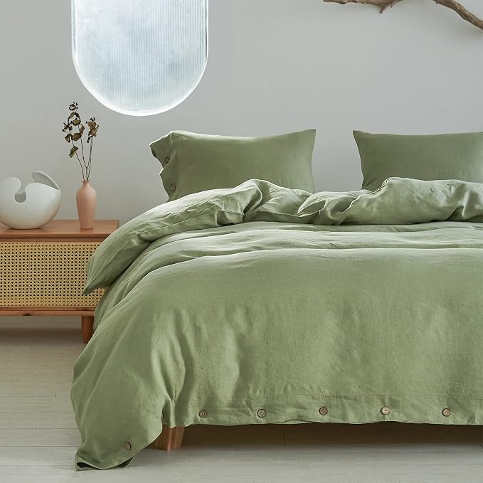 Simple&Opulence 100% Linen Duvet Cover Set 3pcs with Coconut Button Closure Natural French Washed Flax Solid Color Soft Breathable Farmhouse Bedding - Sage Green, Full Size