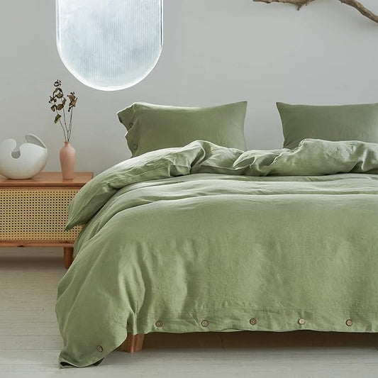 Simple&Opulence 100% Linen Duvet Cover Set 2pcs with Coconut Button Closure Natural French Washed Flax Solid Color Soft Breathable Farmhouse Bedding - Sage Green, Twin Size