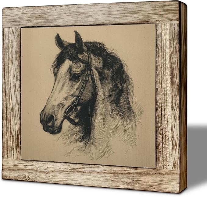 Vintage Horse Wooden Desktop Sign, Equestrian Animal Wood Plaque Tabletop Decor, Rustic Farmhouse Horse Line Art Wooden Sign for Home Office Shelf