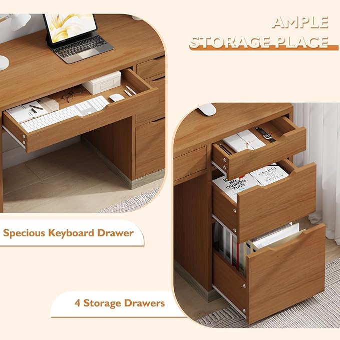 47" Computer Desk with Drawers, Small Home Office Desk with Storage, Wood Desk for Small Space, Office, Study, Brown