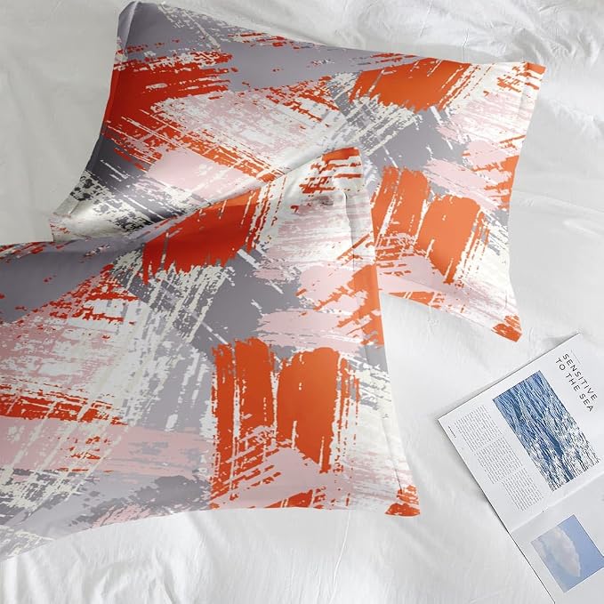 Pamnest Comforter Set Twin Size, Urban Graffiti Orange Grey 5 Pcs Bedding for Kids and Adults, Abstract Paint Line Bed Sheet Sets with Fitted Sheet Pillowcase & Sham for Bedroom Bed Decor